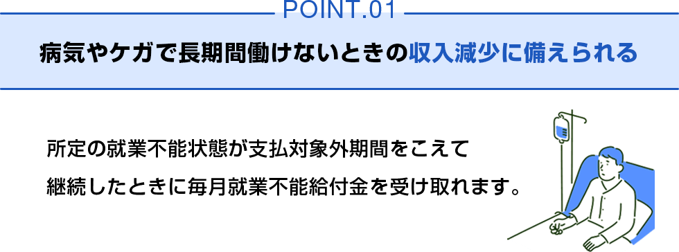 POINT01 病気やケガで長期間働けないときの収入減少に備えられる 所定の就業不能状態が支払対象外期間をこえて継続したときに毎月就業不能給付金を受け取れます。