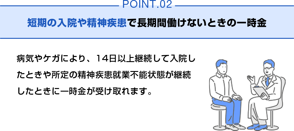 POINT02 短期の入院や精神疾患で長期間働けないときの一時金 病気やケガにより、14日以上継続して入院したときや所定の精神疾患就業不能状態が継続したときに一時金が受け取れます。