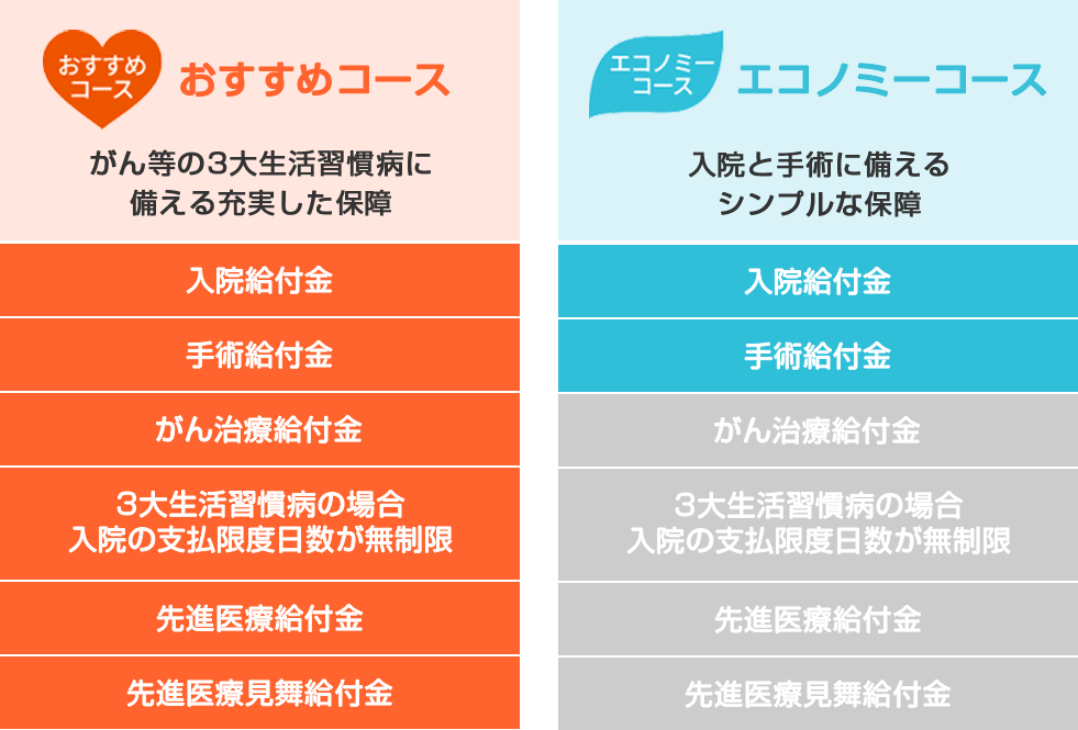 おすすめコース：がん等の3大生活習慣病に備える充実した保障 入院給付金・手術給付金・がん治療給付金・3大生活習慣病の場合入院の支払限度日数が無制限・先進医療給付金・先進医療見舞給付金 エコノミーコース：入院と手術に備えるシンプルな保障 入院給付金・手術給付金