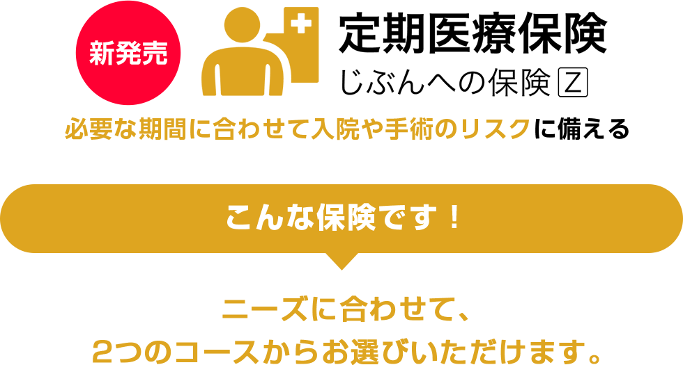 新発売 定期医療保険 じぶんへの保険Z 必要な期間に合わせて入院や手術のリスクに備える こんな保険です！ ニーズに合わせて、2つのコースからお選びいただけます。
