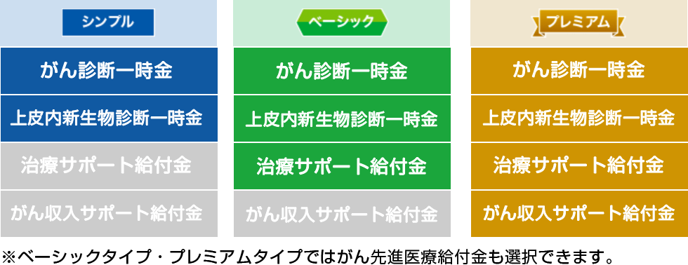 シンプル：がん診断一時金・上皮内新生物診断一時金 ベーシック：がん診断一時金・上皮内新生物診断一時金・治療サポート給付金 プレミアム：がん診断一時金・上皮内新生物診断一時金・治療サポート給付金・がん収入サポート給付金※ベーシックタイプ・プレミアムタイプではがん先進医療給付金も選択できます。