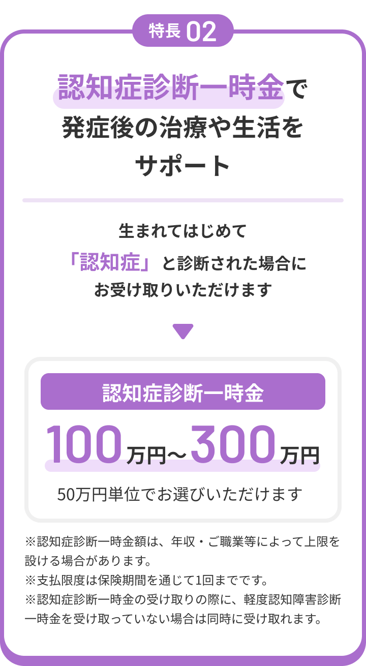 特長02 認知症診断一時金で発症後の治療や生活をサポート