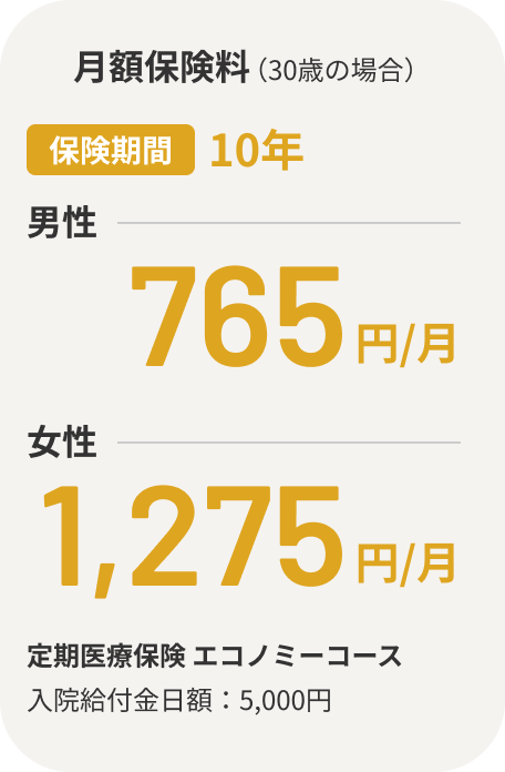 月額保険料（30歳の場合）保険期間：終身 男性：1,578円/月 女性：1,701円/月 終身医療保険 エコノミーコース 入院給付金日額：5,000円