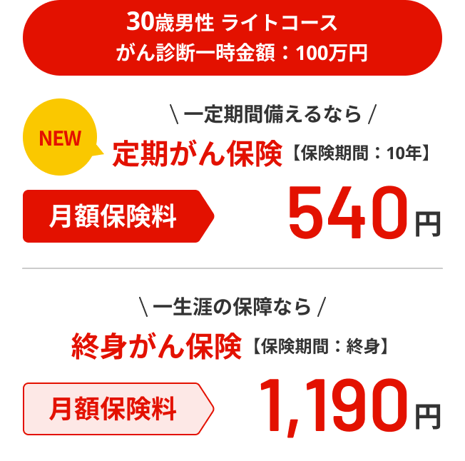 30歳男性 ライトコース がん診断一時金：100万円 。一定期間備えるなら　NEW　定期がん保険　月額保険料 540円 保険期間：10年。一生涯の保障なら　終身がん保険　保険期間：終身　月額保険料：1,190円