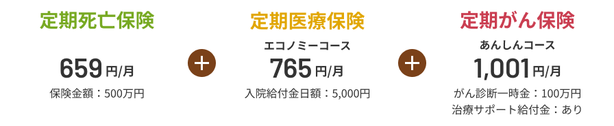 定期死亡保険 659円/月 保険金額：500万円＋定期医療保険 エコノミーコース 765円/月 入院給付金日額：5,000円＋定期がん保険 あんしんコース 1,001円/月 がん診断一時金：100万円 治療サポート給付金：あり
