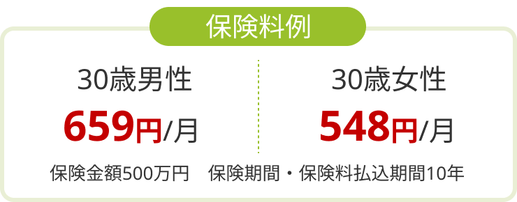 保険料例：30歳男性：659円/月、30歳女性：548円/月、保険金額500万円　保険期間・保険料払込期間10年