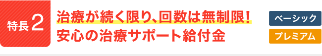 特長2。治療が続く限り、回数は無制限！安心の治療サポート給付金。ベーシック。プレミアム