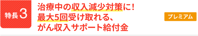 特長3。治療中の収入減少対策に！最大5回受け取れる、がん収入サポート給付金。プレミアム