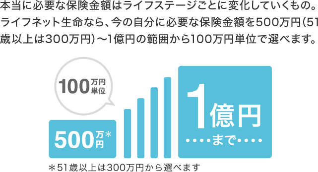 本当に必要な保険金額はライフステージごとに変化していくもの。ライフネット生命なら、今の自分に必要な保険金額を500万円（51歳以上は300万円）～1億円の範囲から100万円単位で選べます。