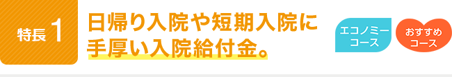 特長1。日帰り入院や短期入院に手厚い入院給付金。