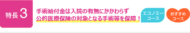 特長3。手術給付金は入院の有無にかかわらず公的医療保険の対象となる手術等を保障！