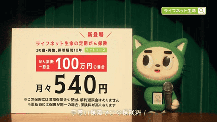 新登場　ライフネット生命の定期がん保険　30歳・男性。保険期間10年　ライトコース　がん診断一時金100万円の場合　月々540円　※この保険には満期保険金や配当、解約返戻金はありません　※更新時には保障が同一の場合、保険料が高くなります