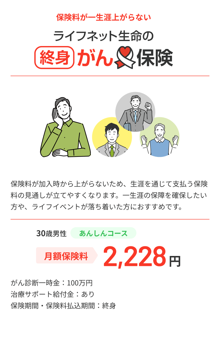 終身がん保険（30歳男性 あんしんコース）は月額保険料2,228円。がん診断一時金100万円、治療サポート給付金あり、保険期間・保険料払込期間終身。