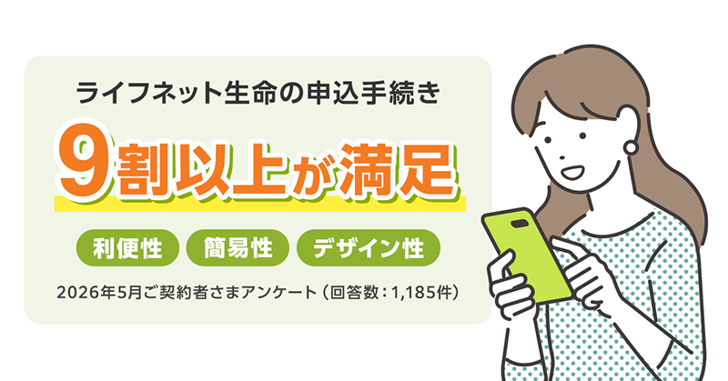 ライフネット生命の申込手続きで利便性、簡易性、デザイン性の3つの項目において、9割以上が満足と回答したという結果を示す図。2026年5月ご契約者さまアンケート（回答数：1,185件）。 