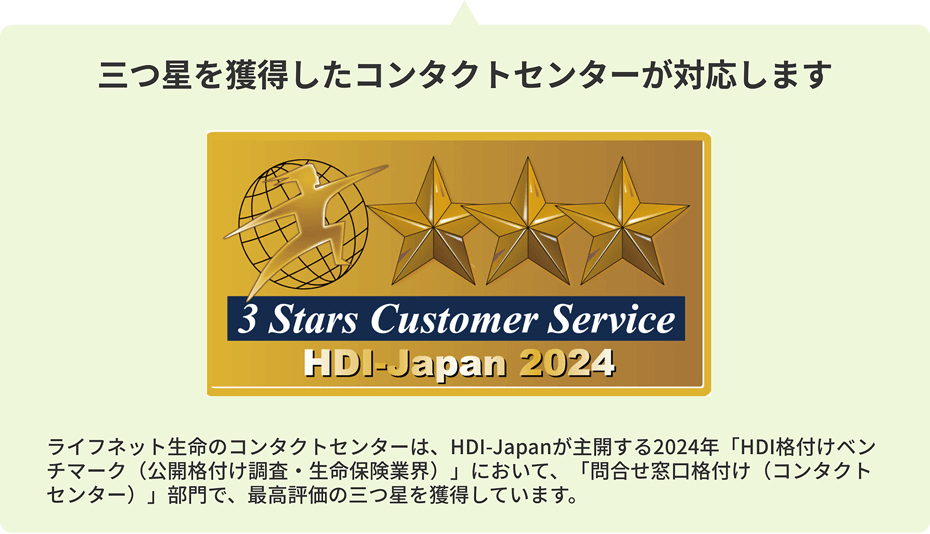 2024年「HDI格付けベンチマーク（公開格付け調査・生命保険業界）」において、「問合せ窓口格付け（コンタクトセンター）」部門で、最高評価の三つ星を獲得しています。