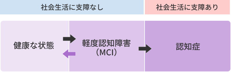 社会生活に支障なし：健康な状態、軽度認知障害（MCI）　社会生活に支障あり：認知症