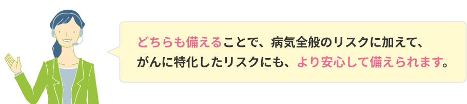 どちらも備えることで、病気全般のリスクに加えて、がんに特化したリスクにも、より安心に備えられます。