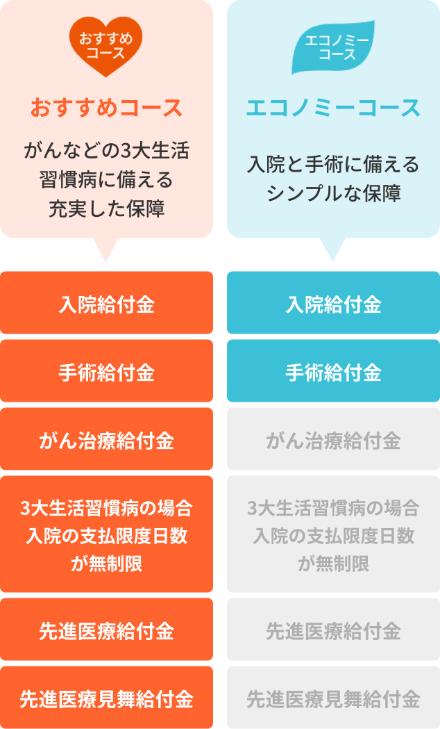 おすすめコース:がんなどのがんなどの3大生活習慣病に備える充実した保障:入院給付金、手術給付金、がん治療給付金、3大生活習慣病の場合の支払限度日数が無制限、先進医療給付金、先進医療見舞給付金 エコノミーコース:入院と手術に備えるシンプルな保障:入院給付金、手術給付金