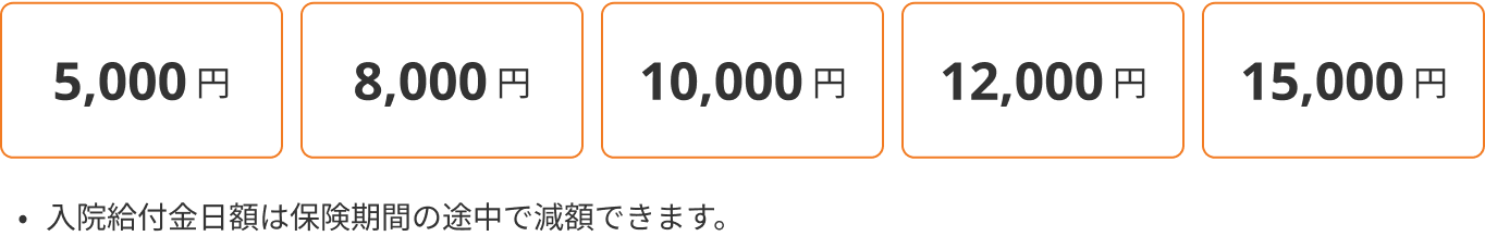 5,000円 8,000円 10,000円 12,000円 15,000円 入院給付金日額は保険期間の途中で減額できます。