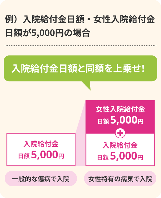 例)入院給付金日額・女性入院給付金日額が5,000円の場合 一般的な傷病で入院:入院給付金日額5,000円 女性特有の病気で入院:女性入院給付金日額5,000円+入院給付金日額5,000円 入院給付金日額と同額を上乗せ!