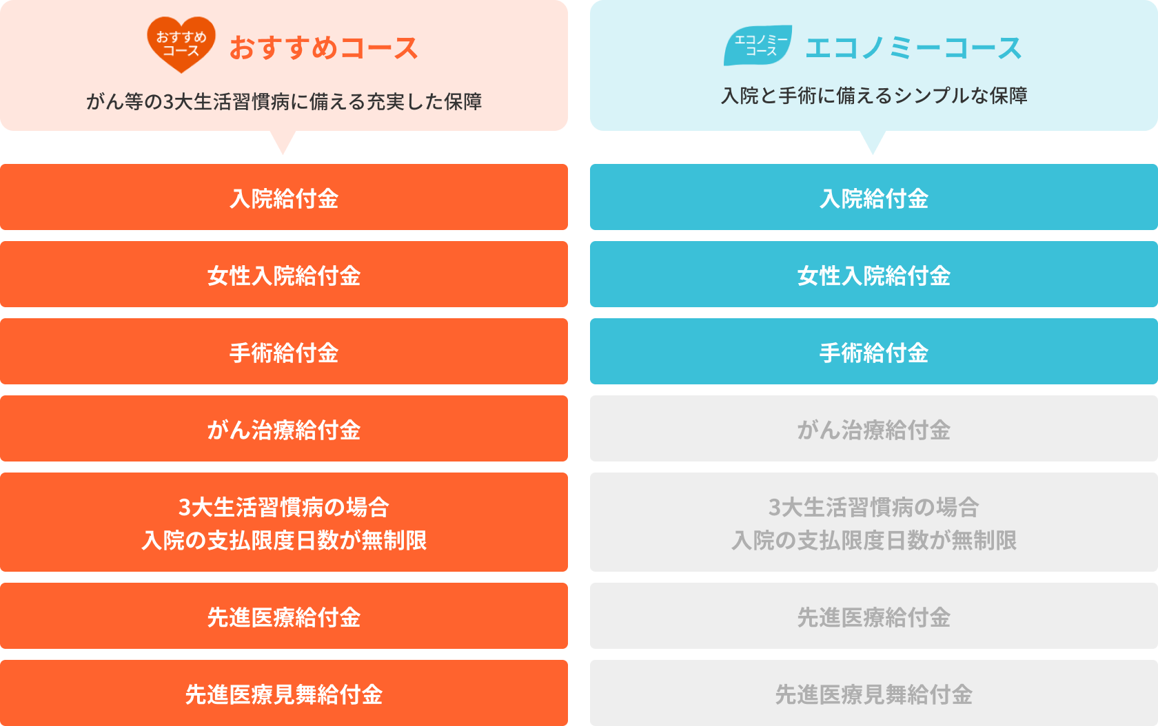 おすすめコース：がんなどのがんなどの3大生活習慣病に備える充実した保障：入院給付金、女性入院給付金、手術給付金、がん治療給付金、３大生活習慣病の場合の支払限度日数が無制限、先進医療給付金、先進医療見舞給付金 エコノミーコース：入院と手術に備えるシンプルな保障：入院給付金、手術給付金