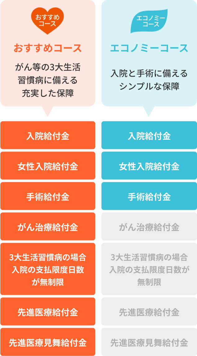 おすすめコース：がんなどのがんなどの3大生活習慣病に備える充実した保障：入院給付金、女性入院給付金、手術給付金、がん治療給付金、３大生活習慣病の場合の支払限度日数が無制限、先進医療給付金、先進医療見舞給付金 エコノミーコース：入院と手術に備えるシンプルな保障：入院給付金、手術給付金