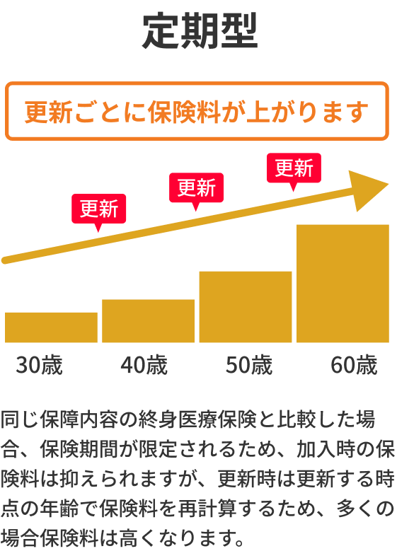 定期型：更新ごとに保険料が上がります 保険期間が限定されるため、加入時の保険料は抑えられますが、更新時は更新する時点の年齢で保険料を再計算するため、多くの場合保険料は高くなります。